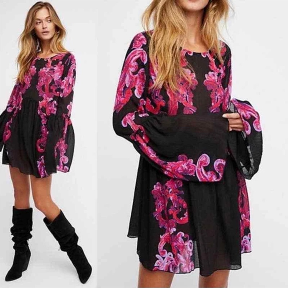 Free People Tunic Mini Dress Black Pink Floral Symphony Slip Long Sleeve Fall